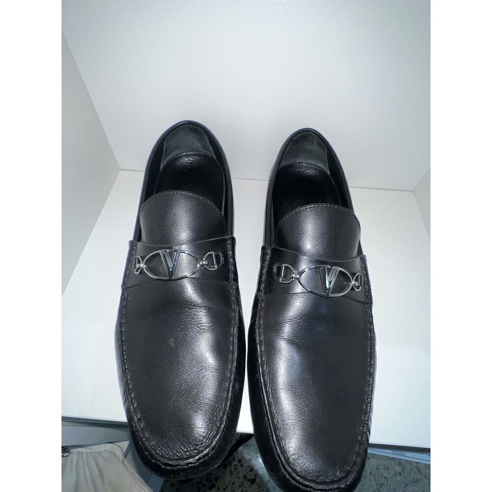Valentino Garavani Men's Black Leather Loafers with Silver Logo Hardware